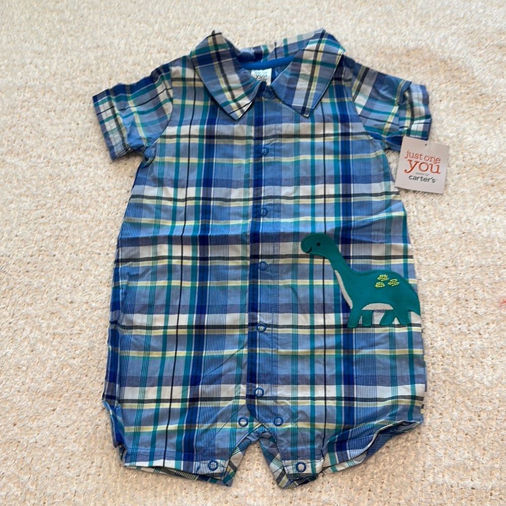 Carter's Blue and Green Plaid Bodysuit with Dinosaur Detail